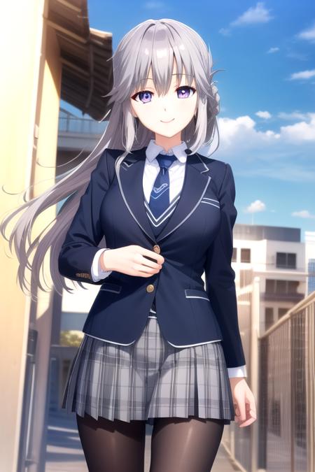 ((masterpiece)),(best quality),official art,extremely detailed CG,unity 8k wallpaper,ultra detailed,beautiful detailed eyes,extremely detailed face,1girl,solo,cowboy shot,looking at viewer,facing viewer,smile,Yukisaki Erena(skrk),grey hair,very long hair,shiny hair,braid,hair between eyes,bangs,floating hair,sidelocks,purple eyes,school uniform,blue jacket,blazer,wing collar,open jacket,blue necktie,collared shirt,white shirt,taut shirt,long sleeves,large breasts,miniskirt,pleated skirt,plaid skirt,black pantyhose,loafers,<lora:Yukisaki Erena(skrk)>,