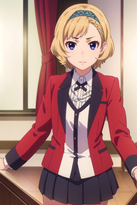 itsukisumeragi, <lora:itsuki sumeragi s2-lora-nochekaiser:1>,
itsuki sumeragi, short hair, blue eyes, blonde hair, braid, hairband, smile,
BREAK skirt, shirt, school uniform, jacket, white shirt, pleated skirt, collared shirt, black skirt, blazer, (red jacket:1.5),
BREAK indoors, classroom,
BREAK looking at viewer, (cowboy shot:1.5),
BREAK <lyco:GoodHands-beta2:1>, (masterpiece:1.2), best quality, high resolution, unity 8k wallpaper, (illustration:0.8), (beautiful detailed eyes:1.6), extremely detailed face, perfect lighting, extremely detailed CG, (perfect hands, perfect anatomy),