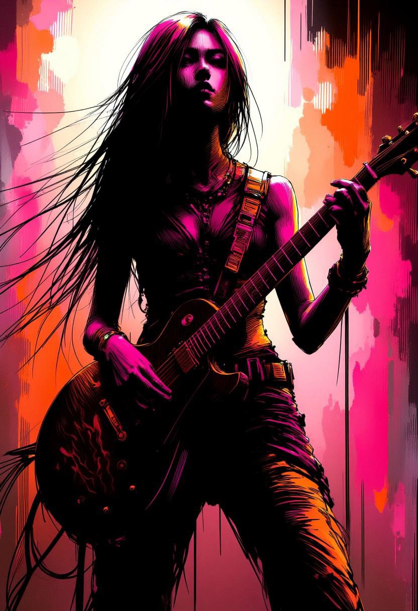 silhouette art, ck-rw, in the style of ck-rw,, Female japanese heavy metal guitarist playing guitar on stage, long flowing hair, earrings, dark eyeshadow red lips, flying V gibson guitar with black and orange flame livery, sexy aura, silhouetted light hitting one side of her, inksketch