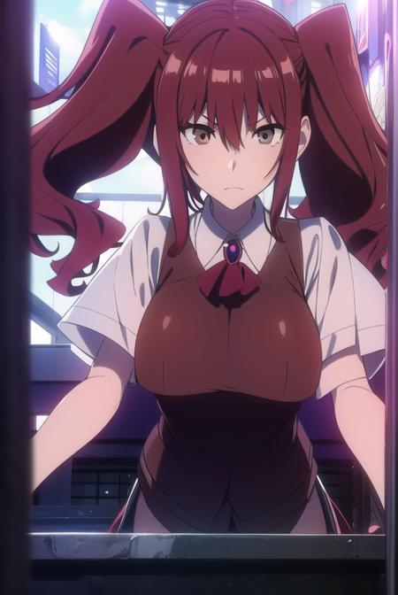 erikakuramoto, <lora:erikakuramototest:1>,
erika kuramoto, twintails, (red hair:1.5), two side up, (brown eyes:1.5), hair between eyes, (large breast:1.2),
BREAK collared shirt, shirt, ascot, red ascot, juliet sleeves, short sleeves, sweater, brown sweater vest,
BREAK looking at viewer,
BREAK indoors, classroom,
BREAK <lora:GoodHands-vanilla:1>, (masterpiece:1.2), best quality, high resolution, unity 8k wallpaper, (illustration:0.8), (beautiful detailed eyes:1.6), extremely detailed face, perfect lighting, extremely detailed CG, (perfect hands, perfect anatomy),