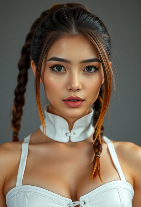 score_9, score_8_up, score_7_up, score_6_up, score_5_up, score_4_up, 1woman, , RAW photo, (freckles:0.8), long braided top ponytail, Brunette hair with orange tips, medium close-up shot front view, White  latex corset (busty 44d:1.5), extremely detailed, beautiful detailed neon orange speckled eyes, full lips, almond skin, neutral expression, neutral gray background, studio lighting , in the style of (kyuYong Eom:1.0)