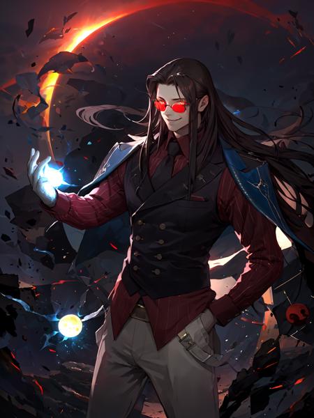 masterpiece,best quality,highres,1boy,<lora:ShadowverseIceschillendrigV3:0.75> ,glowing,evil smile,looking at viewer,glowing red eyes,blackhole,cruel,electricity,holding red sun glasses