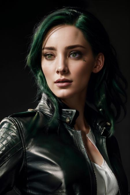 portrait photo of edt,(white shirt and black leather jacket), (green hair), alluring portrait, intricate, highly detailed, digital painting, artstation, concept art, naughty, sharp focus, cinematic lighting, illustration, art by artgerm and greg rutkowski, alphonse mucha, cgsociety,<lora:EmmaDumont-RealVision-V1.0:1>