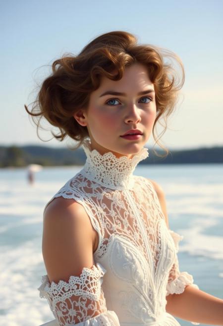 a Gibson girl wearing a white lace  high necked Edwardian gown water skiing