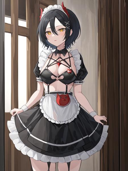 <lora:hutten:1>,mayhem maid-hairstyle,outfit-mayhem maid,1girl,milf,red horns,solo,black hair,yellow eyes,maid headdress,short hair,looking at viewer,x hair ornament,standing,hair between eyes closed_mouth,legwear,from,masterpiece,best_quality,clear details,1girl,