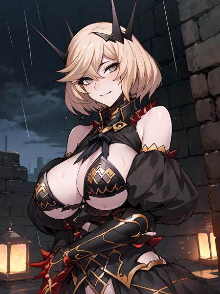 masterpiece,best quality,highres,dramatic angle,<lora:TaimaninWightV6:0.8>,alternative1,evil smile,shaded face,looking at viewer,raised eyebrows,black and yellow theme,blonde hair,grey eyes,hair ornament,bikini armor,suspenders,red gloves,red spikes,panties,detached sleeves,bare shoulders,puffy sleeves,layered skirt,dynatic angle,motion blur,portrait,close-upuins,modern city in ruins,rocks,bricks,black sky,dark sky,black clouds,rain,raindrops,standing,depth of field,thick thighs,upper body,hand on own cheek,arm around own chest,huge breasts,seductive smile