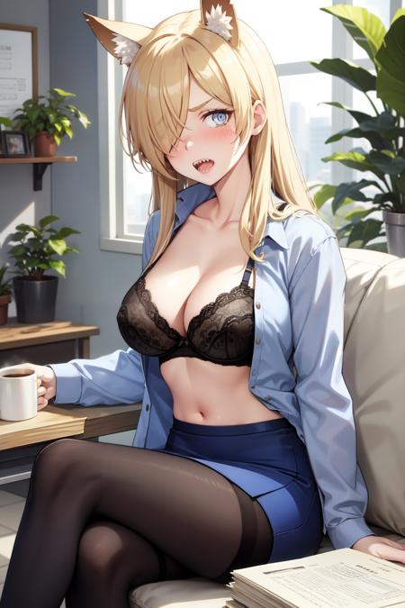 kanna(blue archive), coffee mug, shirt, collarbone, holding cup, bra, mug, blue eyes, long hair, holding, collared shirt, lace-trimmed bra, sharp teeth, blue skirt, underwear, solo, open clothes, window, plant, black bra, couch, open shirt, office lady, looking at viewer, skirt, cup, miniskirt, blonde hair, indoors, crossed legs, blush, pantyhose, blue shirt, long sleeves, sitting, animal ear fluff, pencil skirt, cleavage, animal ears, 1girl, potted plant, large breasts, black pantyhose, v-shaped eyebrows, open mouth, teeth, hair over one eye<lora:kanna:1>