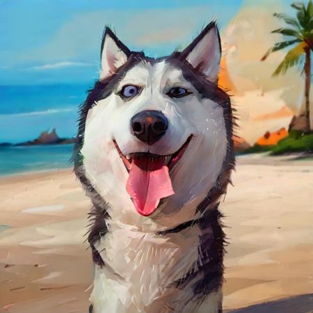 goofy husky with a smile on its face, tongue out, (winks:1.2), beach, palm trees and sea on the background, caricature, albeniz rodriguez style <lora:albeniz-rodriguez-style:0.9>