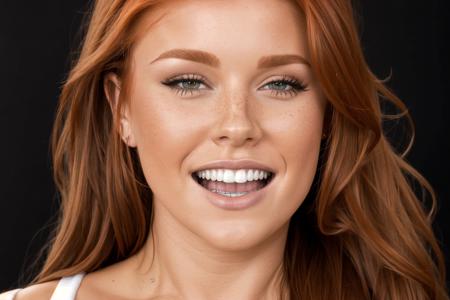 portrait of DEN_leanna_decker wearing a plain top in front of a plain black background, headshot, face focus,
open mouth laughing,
photorealistic, high detail, detailed,