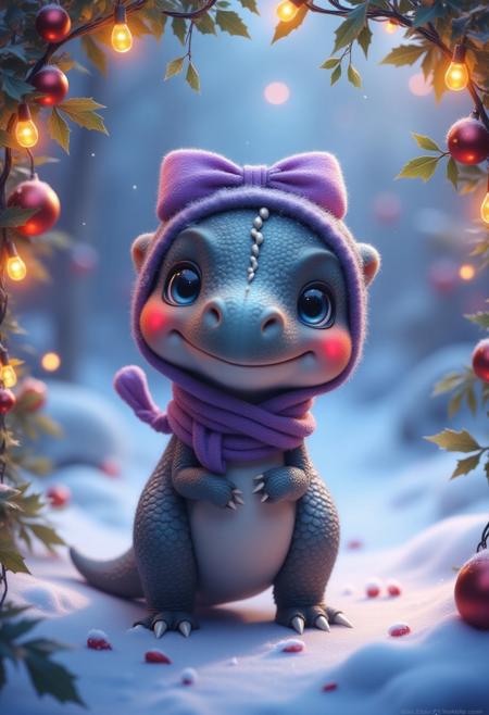 bo-christmas, "Create a stunning, hyper-realistic image of an anime-style dinosaur with large, expressive eyes and a purple bow. The dinosaur should be wearing a purple scarf and have red glowing cheeks, blushing. The dinosaur should be standing under a sprig of mistletoe, with Christmas lights wrapped around the image border, adding a festive and magical touch. The dinosaur's scales and features should be meticulously detailed, with a soft, smooth texture and a gentle, endearing expression. The background should be a snowy, winter wonderland, with a warm, inviting glow. The overall composition should be both visually captivating and aesthetically pleasing, capturing the essence of a charming and magical Christmas scene."