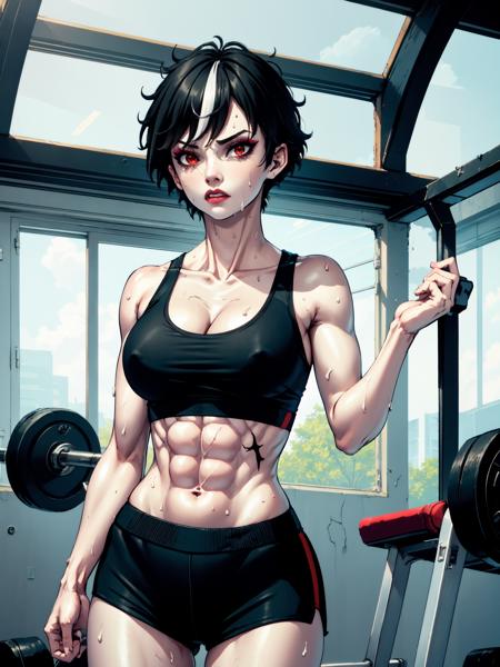 (masterpiece, best quality), indoors, gym, cowboy shot, btsub, 1girl, solo, [[scar across eye]], sweat, makeup, eyeliner, red eyes, black hair, large breasts, short hair, streaked hair, <lyco:BlytheSubverse_V1-Manityro:0.9>, sports bra, sports shorts, muscular, abs, biceps