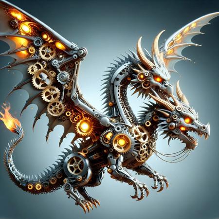 a dragon sculpted from overlapping gears in various alloys, wings rotating on exposed piston hinges, jaw clicking open with rotary precision, tail composed of segmented crankshafts, eyes glowing with thermal coils, g3ars, made out of gears