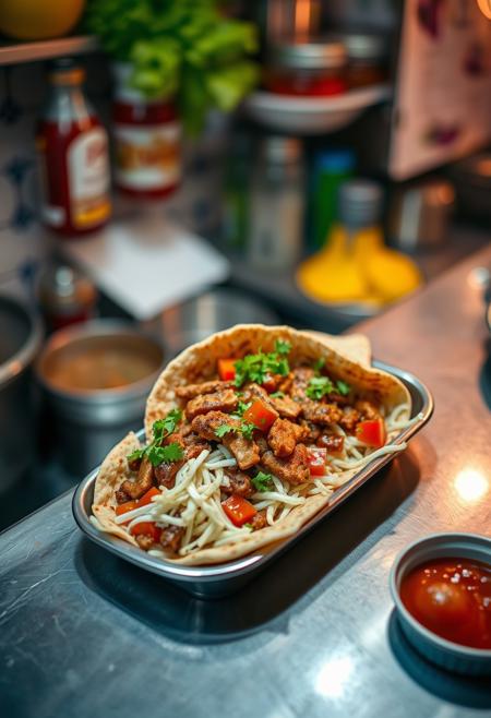photo of shawarma on kitchen counter, heavy focus on the dish, above shot, cinematic shot, high quality shot, original, flux-style