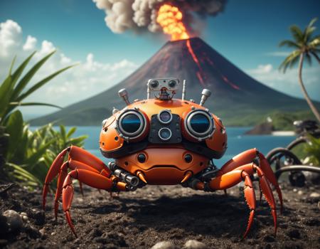 cinematic film still artwork, toon, digital art of spotted robotic crab, wearing a big building with tubes on head as a hat, holding a wrench in his claw, tropical post-apocalyptic island with erupting volcano in bg . shallow depth of field, vignette, highly detailed, high budget Hollywood movie, bokeh, cinemascope, moody, epic, gorgeous, film grain, grainy, Midjourney