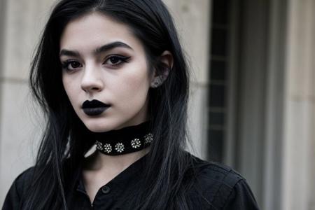 Teen brunnete nordic goth girl | tattoo | dark | Adult | On street | High quality | gothic makeup | realistic | informal | cute girl | bob cut hair | choker | solo | black hair | A mysterious look | piercing | black gloves | Informal clothes