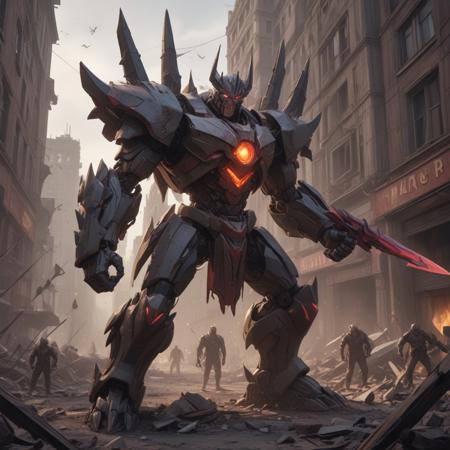 a full body of a robot on a city, dangerous mephisto from faust, discord profile picture, warm color scheme, ebay listing thumbnail, from transformers, long spikes, proportions off, very accurate coherent image, corrected hand, ebay listing, shattered, abomination, omega, heavily armed, this is fine in game of thrones, vibrant, intricate, epic lighting, cinematic composition, hyper realistic, 8 k resolution, unreal engine 5, by artgerm, tooth wu, dan mumford, beeple, wlop, rossdraws, james jean, andrei riabovitchev, marc simonetti, artstation