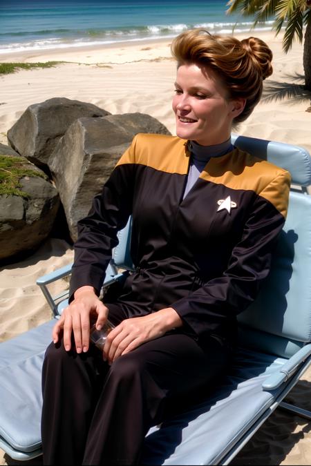 cpjn in yellow voyunf full uniform,on a foldchair,drink in hand,on a beach,suitshoes<lora:VoyunfRefined:0.8>