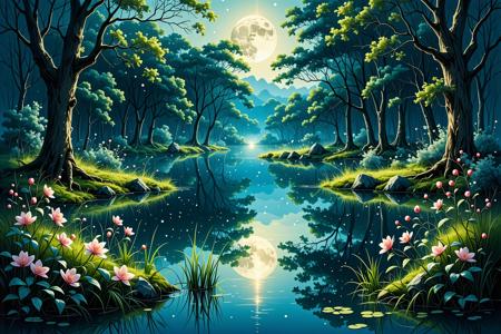 Masterful artwork depicting a secluded enchanted grove in the midst of ominous wetlands, a hidden sanctuary and gift from the force of light and kindness = a pond of crystal clear water fed by a bubbling spring emerging from a rock outcropping surrounded by a thick layer of confiers and deciduous trees interspersed by berries and flowers whose blossoms are currently closed for the night as the landscape softly shimmers under tender touch of sparse moonbeams piercing the cloud cover above. wondrous and fantastic landscape, grove, trees, pond, moonlight, mystery, mist, fog, flowers, meadow, starlight, enchanted grove, 
eerie glow, bushes, rose thicket, shrubs, vines, grass, moss, peaceful, light particles, fireflies, orchid, reed, soft, cozy, perfect lighting, 
perfect composition, depth of field, off-center composition, rule of thirds,
masterpiece, absurdres, best quality, intricate details, perfect shading, very aesthetic, ultra-detailed, comfy, cozy, peaceful