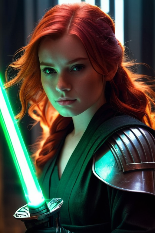 masterpiece, best quality, 1girl, lightsaber, glowing elements, redhair