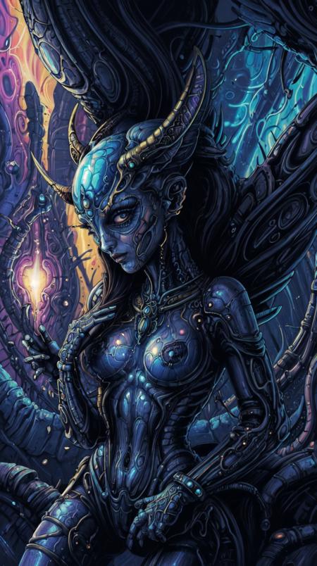 <lora:Gigerotic_Anime:0.75> closeup  macro portrait,hornet woman in [psychedelic disco cave],ornate, brainjack, [dark blue]