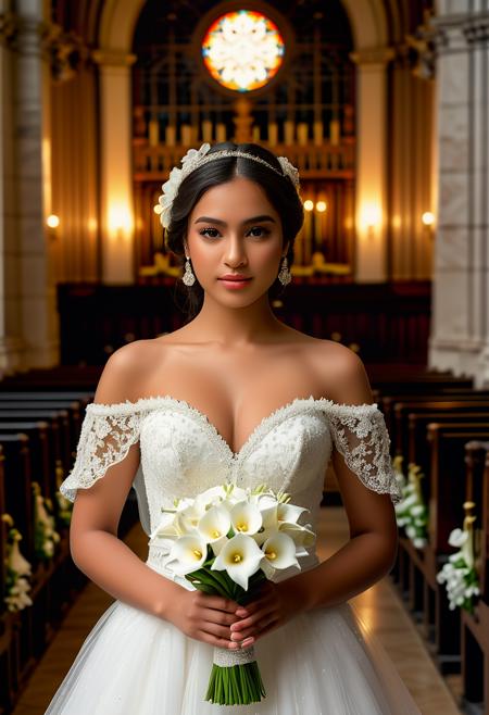 (medium full shot) of (esthetic young woman:1.1) bride, indian with dark hair in a braid, brown eyes, darker skin tone, curvy,             wearing Ruffled off-the-shoulder top with ribbon detail, tulle princess skirt, jeweled hairpin, peep-toe pumps, wedding veil, sparkling tiara adorned with pearls,             holding a bouquet of elegant bouquet of calla lilies and orchids in shades of ivory and champagne, angry at the viewer, her arms are crossed, .set in  church Nave, Grand central hall adorned with intricate stained glass windows, rows of wooden pews, a towering altar draped in rich fabrics, flickering candle stands, and a majestic pipe organ . .Masterpiece,best quality, photorealistic, amazing quality, very aesthetic, extremely detailed face,