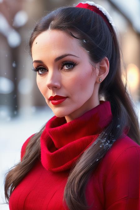 photo of a woman with ((ponytail, long hair)), lyndac-1844:0.99,((pale skin):1.2) ((turtleneck sweater, scarf):1.2), ((closeup, portrait)),((outdoors, city, snow):1.2),((red lipstick, eyeliner, eye shadow, blush)), ((best quality, masterpiece, extreme details, high resolution):1.2),((detailed eyes, beautiful eyes, detailed face, beautiful face):1.2)