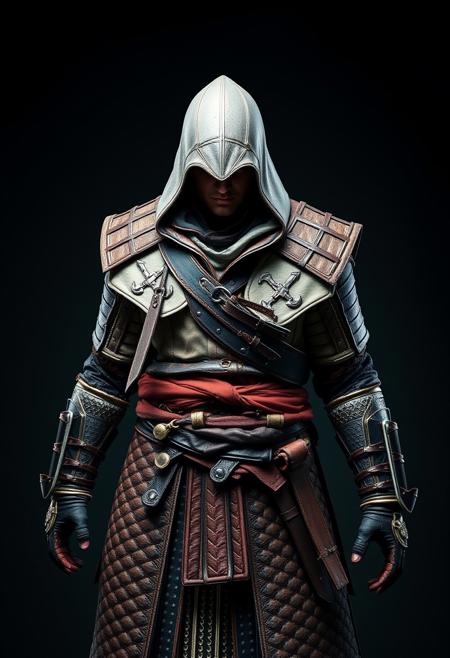 Assassin's Creed Character, samurai costume, leather armour,  masterful studio photography