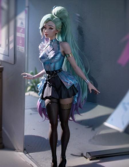 high detailed, 8k, highres, (k/da all out seraphine), league of legends, k/da \(league of legends\), cowboy shot, 1girl, solo, aqua hair, gradient hair, multicolored hair, blue eyes, lips, long hair, long ponytail, ponytail, earrings, jewelry, armlet, bracelet, choker, ice wings, blue dress, layered clothing, black skirt, single bare shoulder, thighhighs