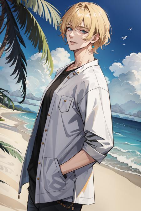 masterpiece, best quality, 1 male, adult, mature, tall, handsome, casual clothes, Beach, palm tree, smile, dutch angle, from side, wavy blonde hair