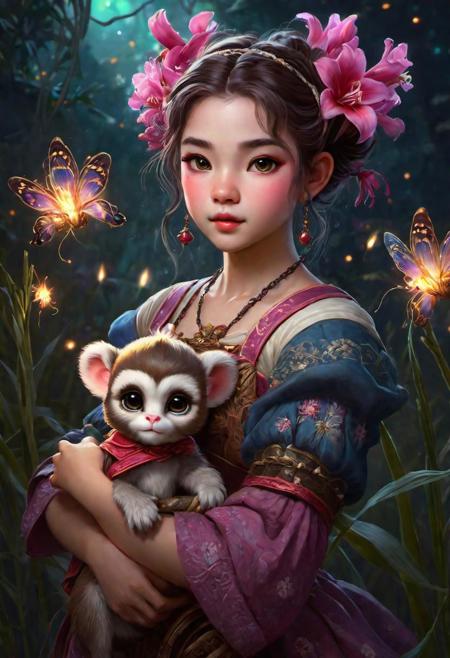 AssasinMonkey Art,   Harajuku girl holding voodoo doll amidst swarming fireflies, turbulence captured in the sway and curve of a nearby gladiolus, intricate floral details, late 18th to 19th-century brushwork blending, intense expression in the girl's eyes, flicker of firefly glow captured in oil, soft background with Art Nouveau influences, warm color palette, dramatic lighting, ultra detailed, digital painting
style Jamie Wyeth James Gillard Edward Hopper Greg Rutkowski Studio Ghibli Genshin Impact