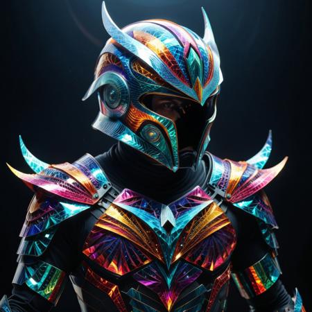 warrior’s armor forged from fractangles, plates layered in recursive geometry, shimmering metallic facets that bend light, shoulder guards splitting into orbiting fragments, helmet crowned with an angular vortex, made out of fractangles