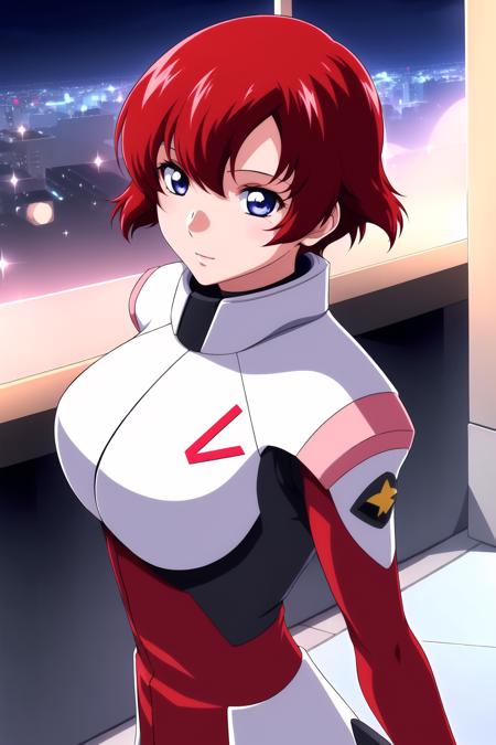 (Night:1.7), Japan, Tokyo, CityView, Before Window,
Standing at attention,
pink and white outfit,gloves,BodySuit,
<lora:Mayura_Labatt_Gundam_seed-KK77-V1:0.7>,
red hair, blue eyes,short hair,
1 girl, 20yo,Young female,Beautiful Finger,Beautiful long legs,Beautiful body,Beautiful Nose,Beautiful character design, perfect eyes, perfect face,expressive eyes,
looking at viewer, in the center of the image,(Upper_body),(close-Up),(Focus on her face),
official art,extremely detailed CG unity 8k wallpaper, perfect lighting,Colorful, Bright_Front_face_Lighting,shiny skin,
(masterpiece:1.0),(best_quality:1.0), ultra high res,4K,ultra-detailed,
photography, 8K, HDR, highres, absurdres:1.2, Kodak portra 400, film grain, blurry background, bokeh:1.2, lens flare, (vibrant_color:1.2)
(Beautiful,Breasts:1.0), (beautiful_face:1.5),(narrow_waist),