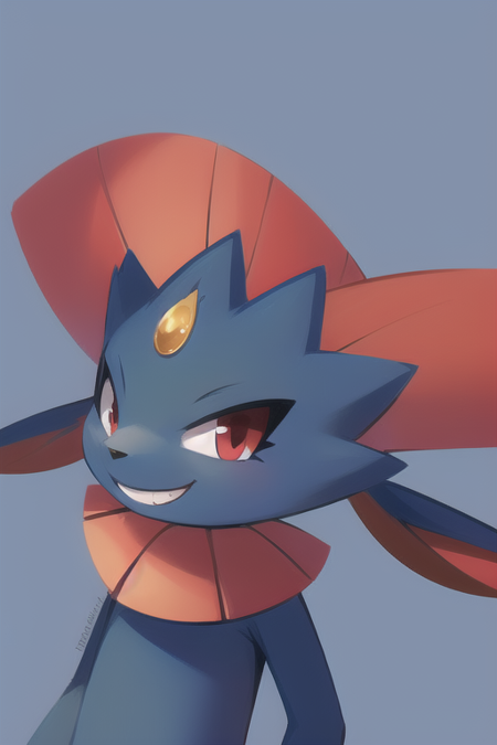 Weavile, bluish fur, orange gem, red eyes, smiling, cute,