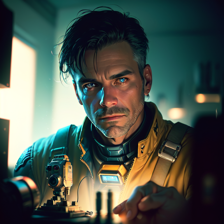 award winning (portrait photo:1.4) of a rugged dark science fiction space marine with robotic joints, middle aged male, St...