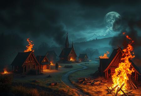 a dark fantasy burning village afer being attacked at night  <lora:More_interesting_backgrounds:1> ibg, (((masterpiece))) (((ultimate quality))) sharp focus, high texture resolution, hyperrealistic, photo realistic, 32k, HDR, vivid colors, stunning compostion, soft lighting