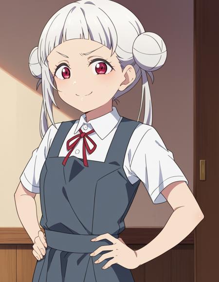 <lora:chisato-arashi-s2-ponyxl-lora-nochekaiser:1>, chisato arashi, long hair, bangs, red eyes, twintails, white hair, blunt bangs, hair bun, double bun, shirt, dress, ribbon, school uniform, white shirt, short sleeves, collared shirt, red ribbon, neck ribbon, pinafore dress, grey dress, summer uniform, yuigaoka school uniform,