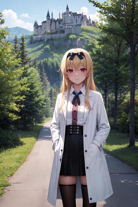 masterpiece, best quality, cowboy shot, looking at viewer, expressionless, yue, very long hair, hairband, hair bow, brooch, labcoat, ribbon, white shirt, black skirt, black thighhighs, hands in pocket, outdoors, castle, path, grass, tree, <lora:yue_v2:0.9>