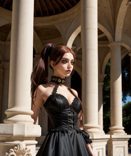 An Italian goth girl, age 18, with green eyes, long eyelashes, Auburn long hair high ponytail, black lipstick, and dark makeup. 
She wears an elaborate, steampunk dress. The color palette of the dress is fading red and black.
She stands under a marble column gazebo, she has a perplexed expression while she's looking at her dress. Front view, summers day