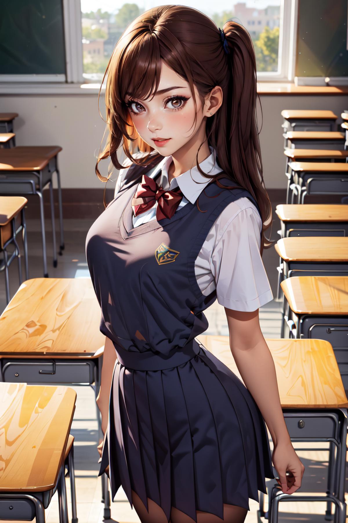 Anime girl wearing a school uniform with a bow in her hair.