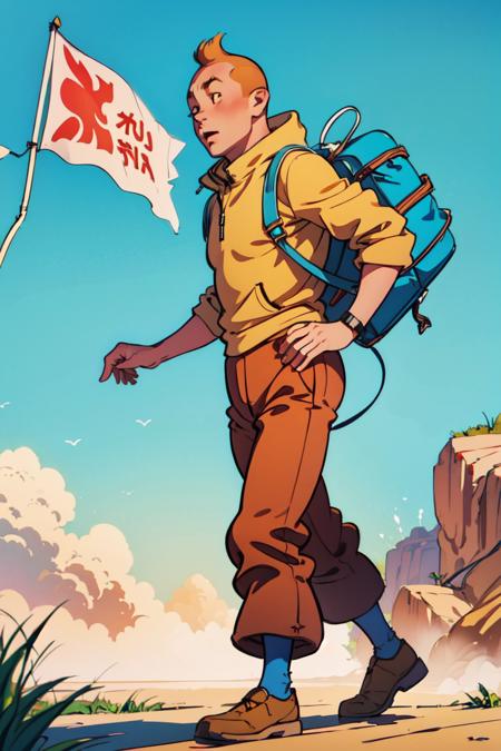 ((best quality)), ((masterpiece)), (detailed),(high-resolution:1.2),
1man, Tintin,1boy, blue top, brown pant, shaved