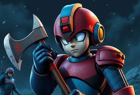 Create a highly detailed, 8K resolution artwork of Megaman, aged 35, with a sad grumpy face, in the style of Yuzuke Murata and Studio Gainax, featuring him on a Darksea Rescue mission, holding an axe, with a focus on micro details, lifelike details, and the golden ratio. The artwork should be reminiscent of F Zero and have a distressed paint, cloisonne effect. Output a listing image, suitable for featuring on Amiami, with smooth render and smooth lighting. Focus on creating an eerie atmosphere.