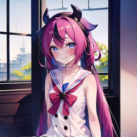 meikahime blue eyes twintails pink blue multicolored very long gradient hair hair flaps black horn hairband bracelet white sailor collar white sleeveless shirt black buttons red bowtie red hakama miniskirt bare shoulders