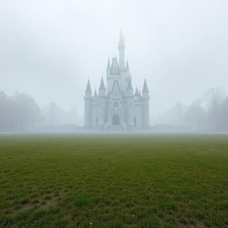 A liminal space in front of Peach’s Castle in Super Mario 64. The vast, empty lawn stretches out, quiet and still, with no characters in sight. The castle looms in the distance, its bright colors muted, surrounded by a silent, oppressive atmosphere. The air feels thick and stagnant, and the space feels abandoned, as if time has stopped. The once vibrant world now feels distant and isolated, creating a deep sense of solitude and unease.