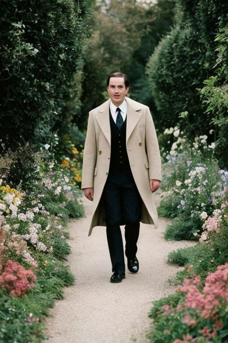 EasyNegativeV2: Vintage film's still, featuring a nobleman dressed in dashing Regency fashion, strolling through the manicured gardens of a sprawling British manor house, his tailored coat billowing behind him in the gentle breeze, the vibrant colors of the flowers in full bloom adding a touch of romance to the scene.