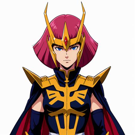 masterpiece,high quality,
<lora:hamankarn056:0.6>,solo,white background,
haman_karn,1woman,
pink hair,blue eyes,
zion_military_uniform,
(helmet:1.2),
military uniform,gold armor,shoulder armor,shoulder pads,pauldrons,
cape,
vambraces,black gloves,