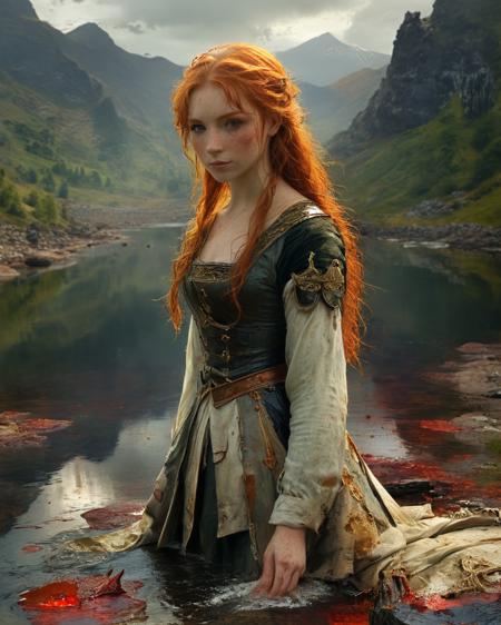 Celtic princess, full body,  ginger hair, battlefield, blood, river, reflections, mountains, boats, <lora:XSfenlie:1> fenliexl