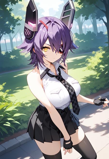 tenryuu-kc, headgear, eyepatch, short hair, purple hair, yellow eyes tenryuudef-kc, cardigan, necktie, checkered necktie, black skirt, miniskirt, pleated skirt, black thighhighs, boots, sleeves rolled up, fingerless gloves, black groves tenryuukai2-kc, sleeveless shirt, white shirt, fur trim jacket, off shoulder, necktie, checkered necktie, black skirt, miniskirt, pleated skirt, black thighhighs, boots, sleeves rolled up, fingerless gloves, black groves tenryuumizugi-kc, swimsuit, white bikini, halterneck, bare arms