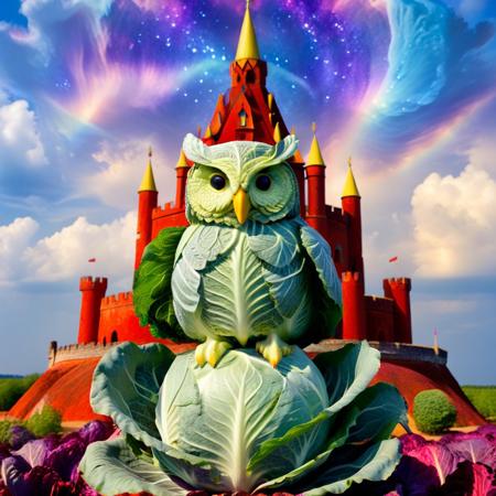 no human, (giant owl made of cabbage over a red castle:1.5), Geometric Pattern Effect: Repeating shapes (tiles, panels) create structured complexity. Color Spectrum Display: Wide range of hues from cool to warm tones.  Reflective Surface Theme: Smooth, light-catching textures evoke motion and depth. Symmetry and Balance: Central alignment with mirrored visual weight. . lazypos, rp_slgd, a surreal owl composed of  obsidian cabbage, wings made of floating cabbage leafs, perched on a red cabbage flower, on top of a red cabbage castle, a kaleidoscope swirling sand sky, glowing purple sand,
, vibrant colors, whimsical design, surreal fantasy, high detail, 4k, strong bokeh