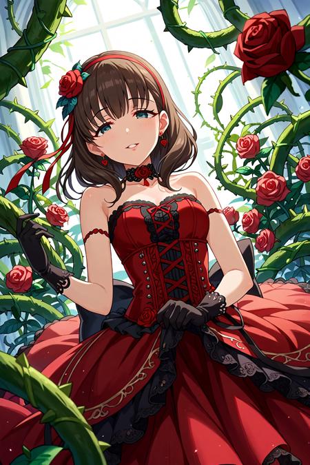 idolsakuma dress, jewelry, gloves, earrings,ribbon, hairband, looking at viewer, pink dress,bare shoulders, bow, heart, white gloves, choker, red ribbon, hair ribbon,socks