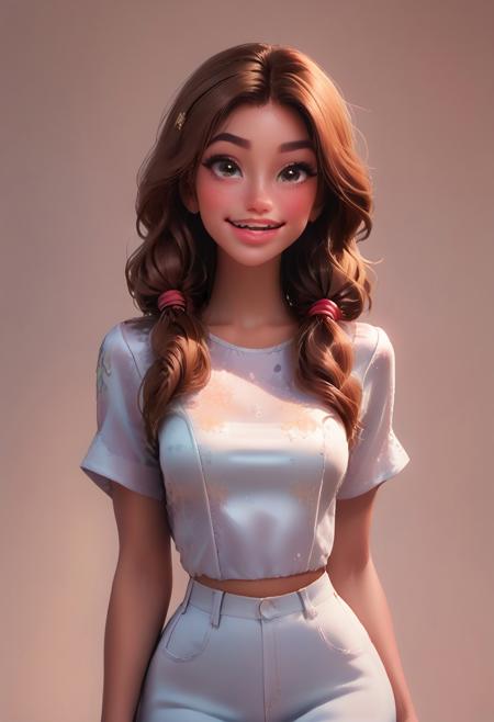 score_9, score_8_up, score_7_up, score_6_up, 18 years old, straight hair, low ponytails, big smile, flirty grin, perfect face, cropped_satin_teeshirt, glossy lips, turning to face viewer, head tilt, 1 girl, perky, looking at viewer, adorable, petite body, cowboy shot, looking at viewer, round face, 18 years old, cutest girl in the world, cowboy shot